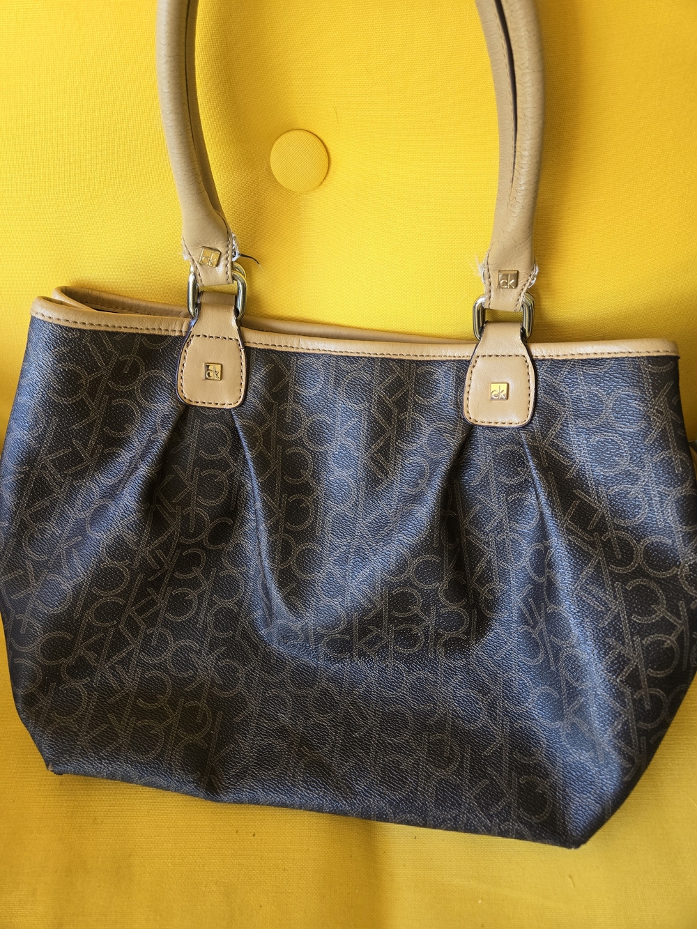 Calvin Klein Brown Monogram Tote with Tan Trim